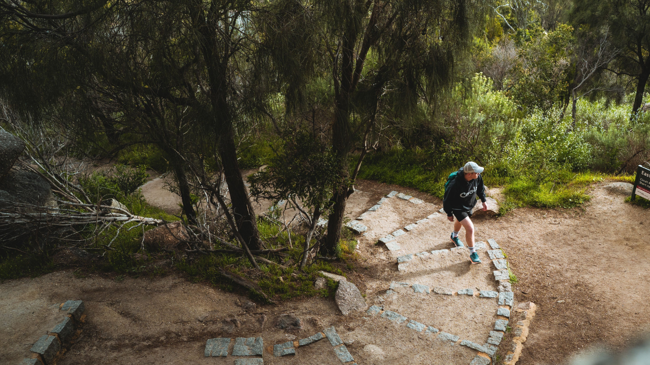 Man walking up an outdoor trail