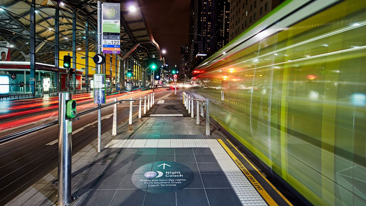 Tram at a stop in metro Melbourne Tram at a stop in metro Melbourne